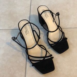 Black mid heels with strings, NEVER USED